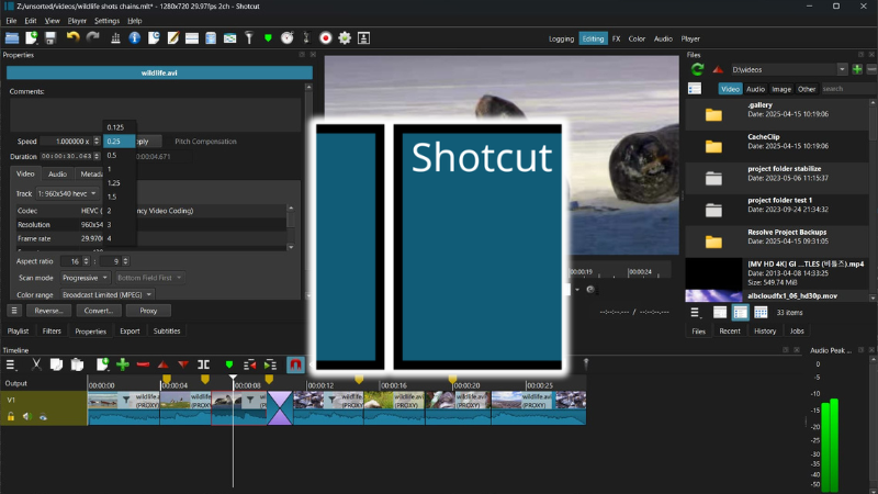 Shotcut open-source video editor interface with timeline editing