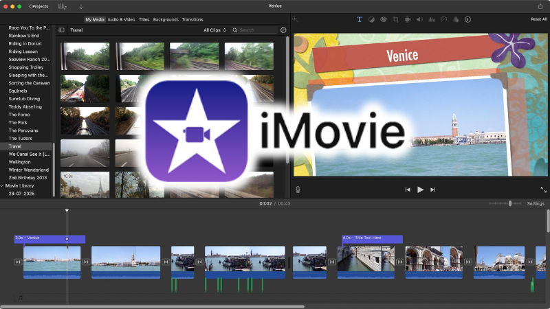 iMovie video editing interface on Mac with timeline and preview window