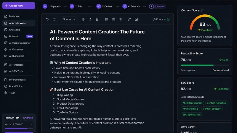 AI-powered content creation software dashboard for blog writing and SEO optimization
