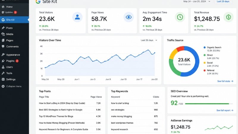 blogging analytics dashboard showing website traffic and AdSense earnings
