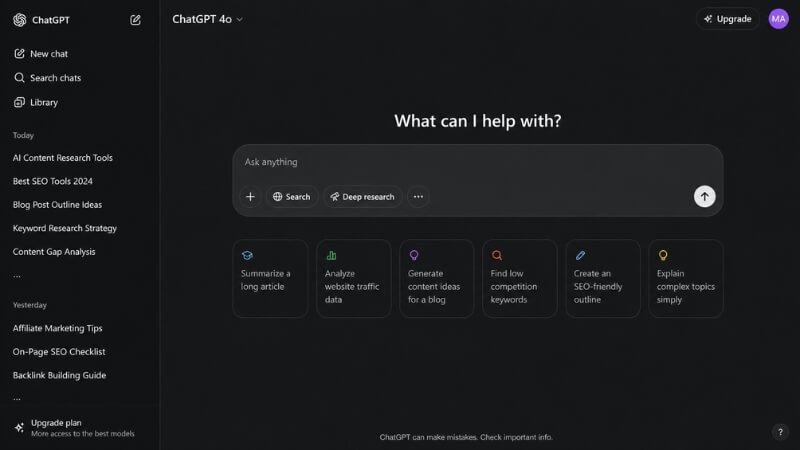 ChatGPT AI tool dashboard for content research and idea generation