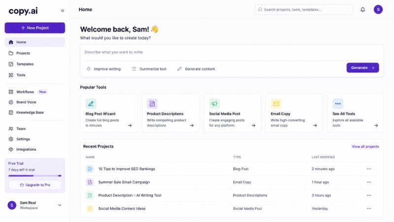 Copy.ai interface for generating short-form content and marketing copy