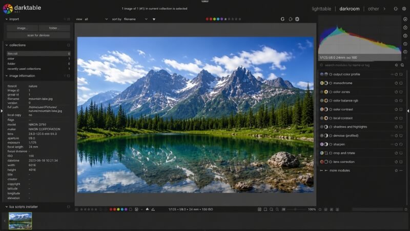 Darktable free RAW photo editing software interface for photographers