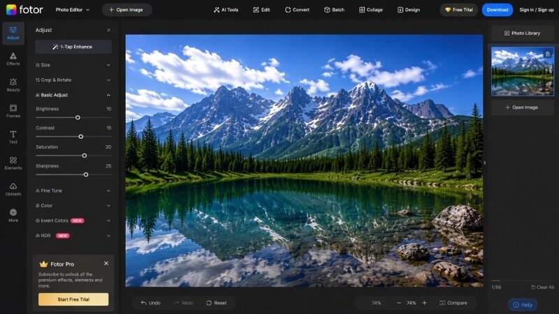 Fotor free photo editing software interface with AI enhancement tools