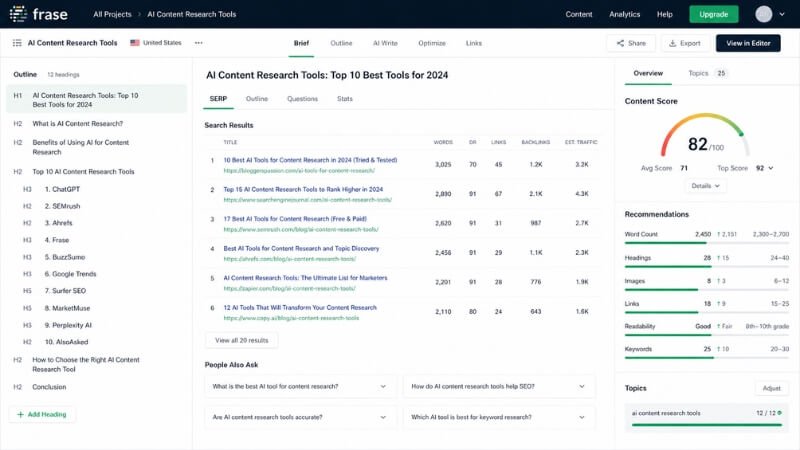 Frase dashboard showing content optimization and SERP analysis features