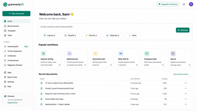 GrammarlyGO AI writing assistant for editing and rewriting content