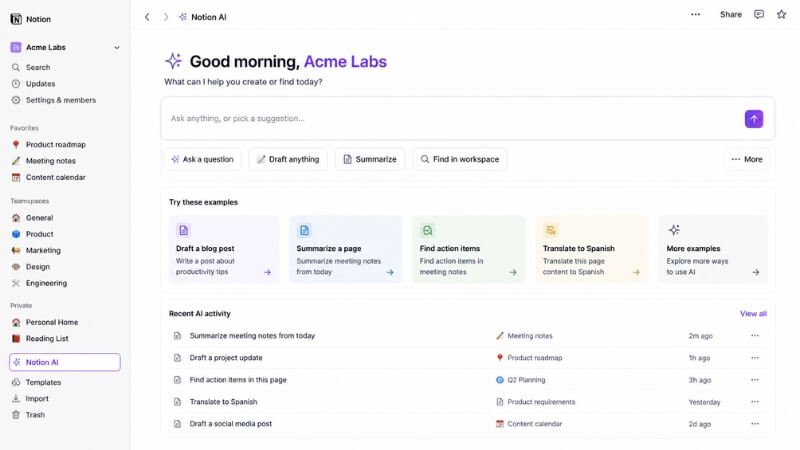Notion AI workspace for writing, notes, and productivity tasks