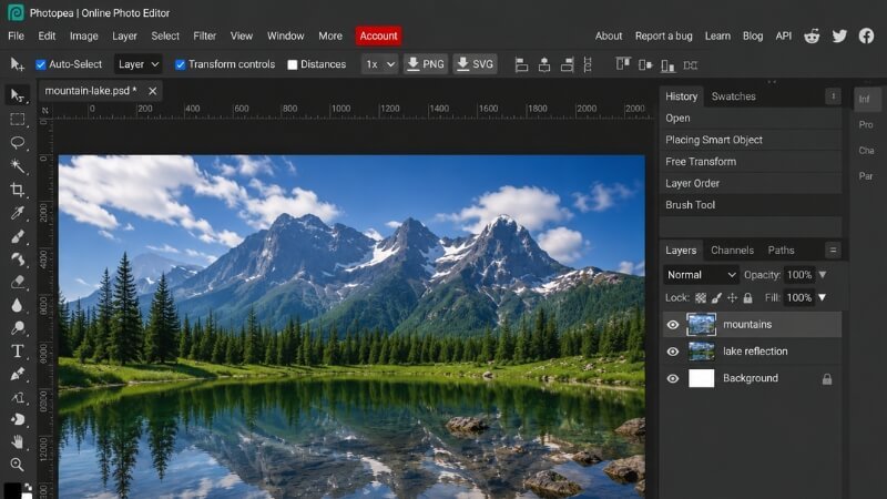 Photopea online photo editor interface with Photoshop-style editing tools