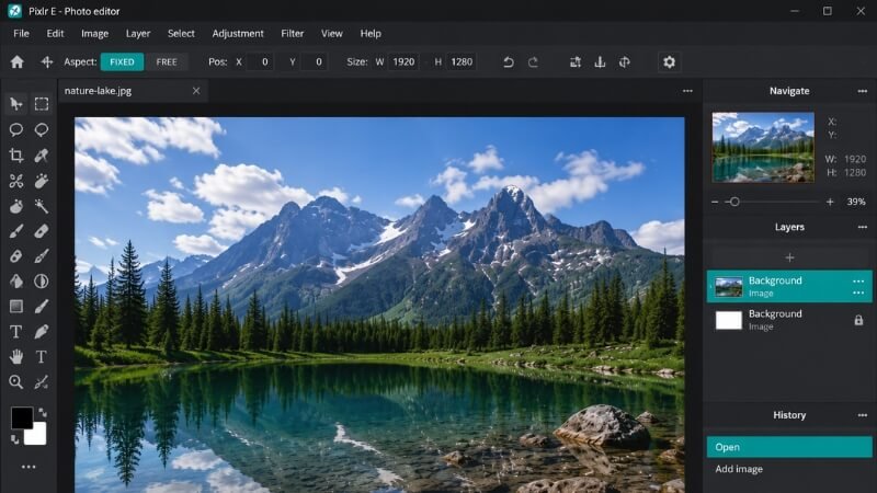 Pixlr free online photo editing software interface with AI editing tools