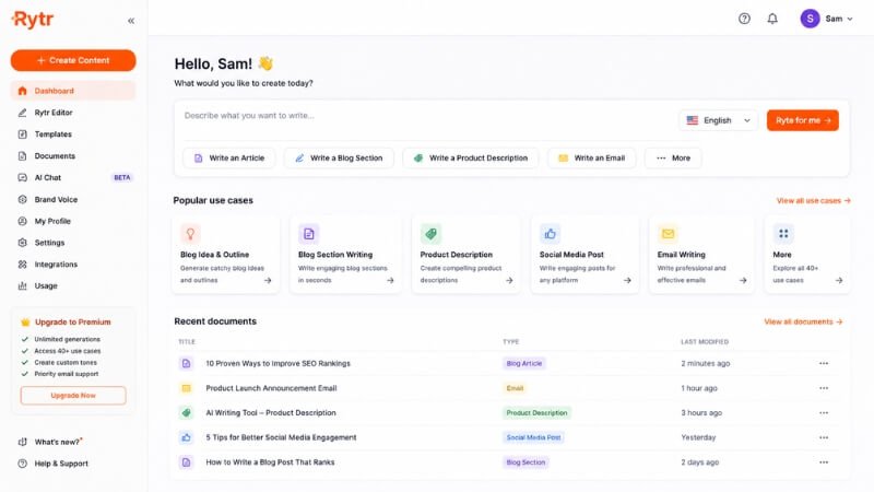 Rytr AI writing tool interface for affordable content generation